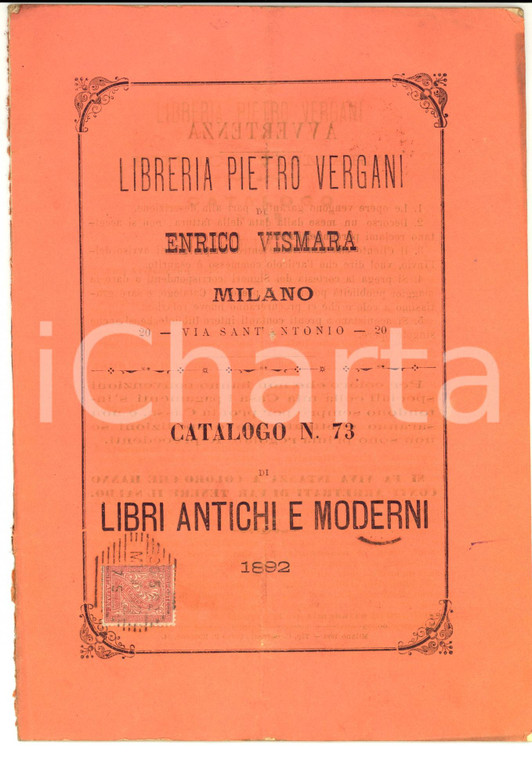 1892 MILANO Libreria Pietro VERGANI di Enrico VISMARA n. 73 Libri antichi