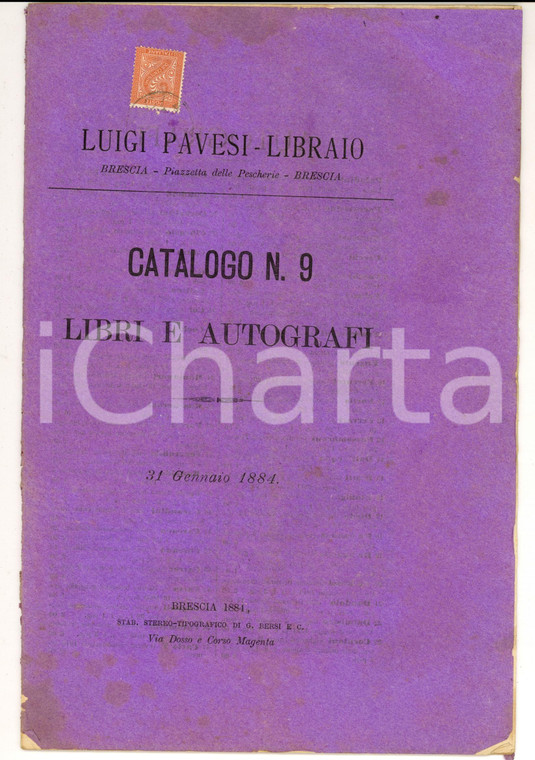 1884 BRESCIA Luigi PAVESI libraio - Catalogo libri e autografi n° 9