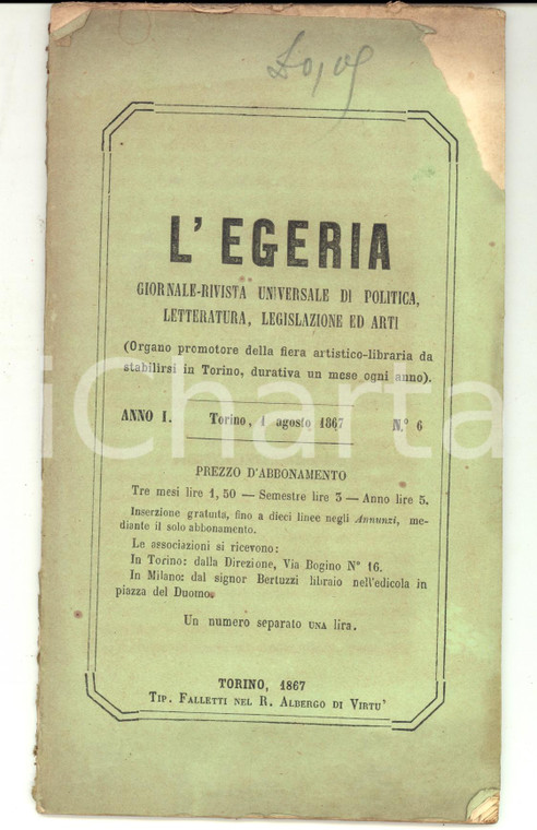 1867 TORINO L'EGERIA Giornale-rivista universale di politica - Anno I n°6