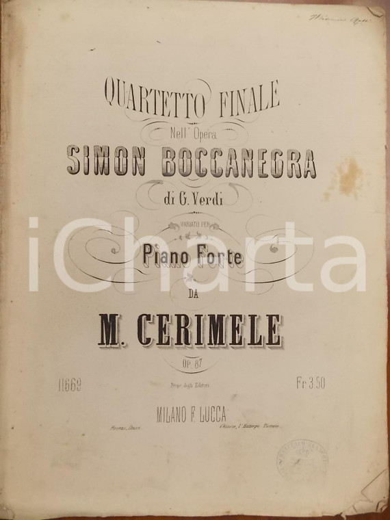 1860 ca Giuseppe VERDI Simon Boccanegra - Quartetto variato da Michele CERIMELE