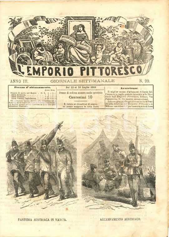1866 L'EMPORIO PITTORESCO Scene della guerra - Bagni di LUCCA Rivista INCOMPLETA