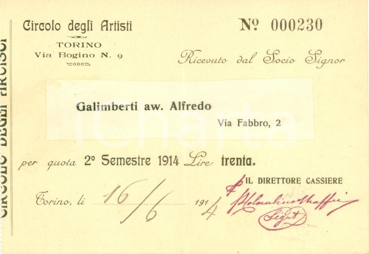 1914 TORINO CIRCOLO DEGLI ARTISTI Quota avv. Alfredo GALIMBERTI socio *Ricevuta