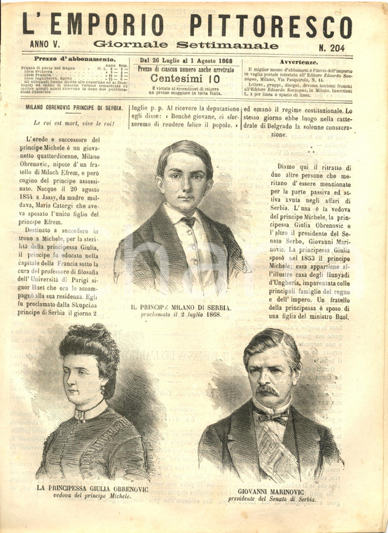 1868 L'EMPORIO PITTORESCO Milano OBRENOVIC principe di Serbia Rivista ILLUSTRATA