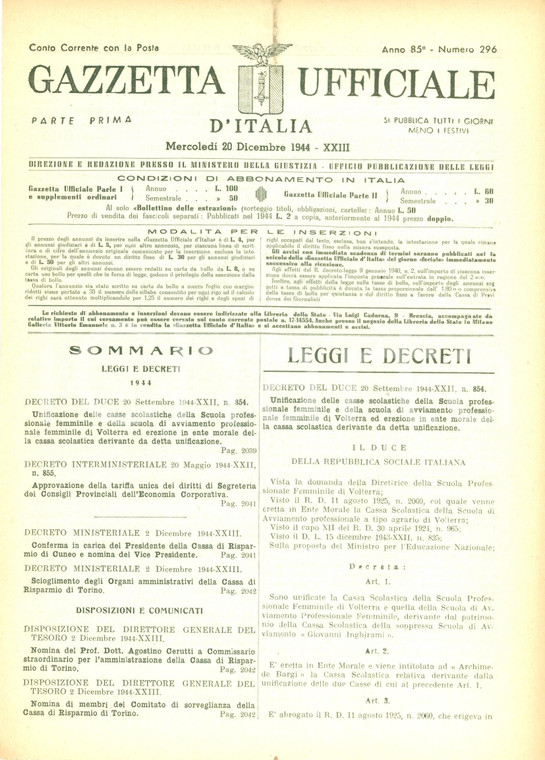 1944 GAZZETTA UFFICIALE RSI Cassa Scolastica Archimede BARGI per scuole VOLTERRA