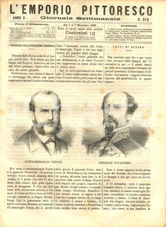 1868 L'EMPORIO PITTORESCO Personaggi della Rivoluzione Spagnola *Rivista