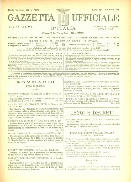 1944 GAZZETTA UFFICIALE RSI Assicurazione INFPS cittadini mobilitati per guerra