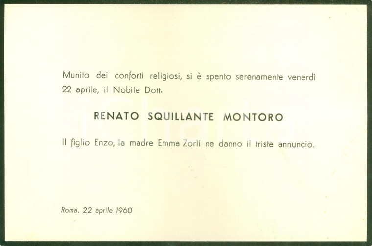 1960 ROMA Annuncio morte Renato SQUILLANTE MONTORO *Biglietto