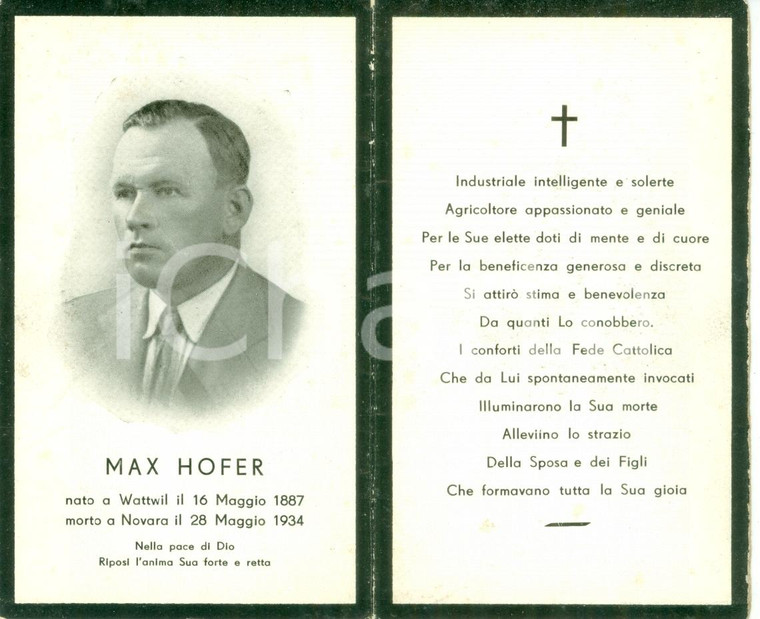 1934 NOVARA Santino Max HOFER industriale e agricoltore CON FOTOGRAFIA