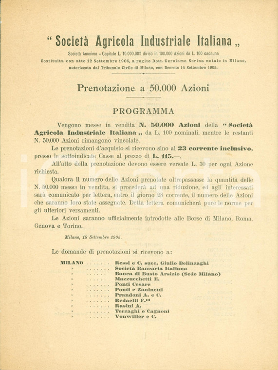 1905 MILANO Società Agricola Industriale Italiana vende azioni *Documento