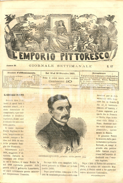 1865 L'EMPORIO PITTORESCO Ministro della Guerra PETITTI *Rivista ILLUSTRATA