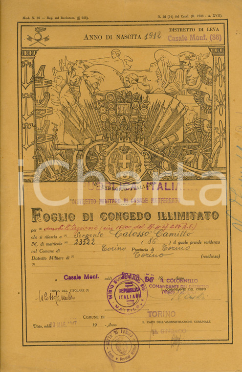 1947 CASALE MONFERRATO (AL) Sergente Camillo CALOSSO congedo illimitato