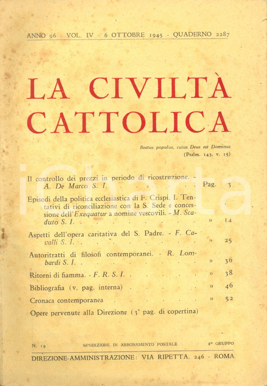 1945 LA CIVILTA' CATTOLICA - A. DE MARCO Controllo prezzi periodo RICOSTRUZIONE