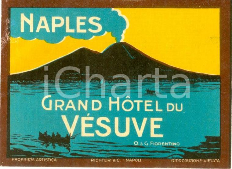 1940 ca NAPOLI Grand Hotel du VESUVE Etichetta pubblicitaria ILLUSTRATA