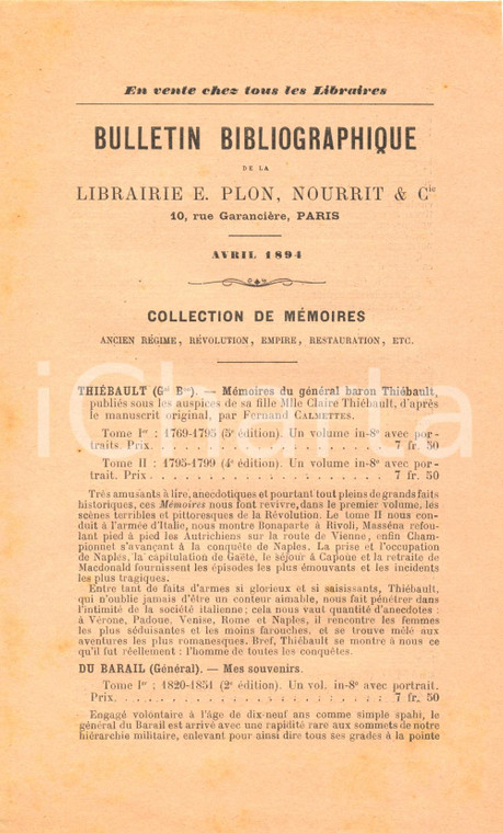 1894 PARIS Librairie PLON, NOURRIT & C. - Bullettin bibliographique - Mémoires