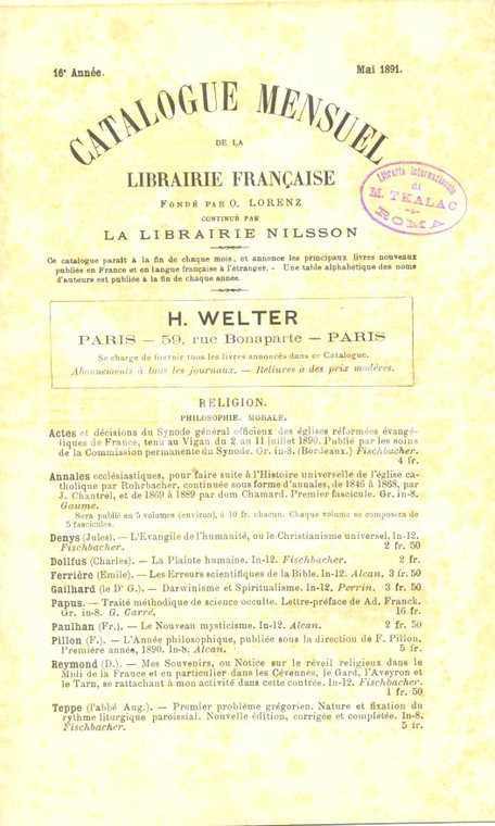 1891 PARIGI Librairie NILSSON Catalogue Mensuel - H. WELTER Vendita libri