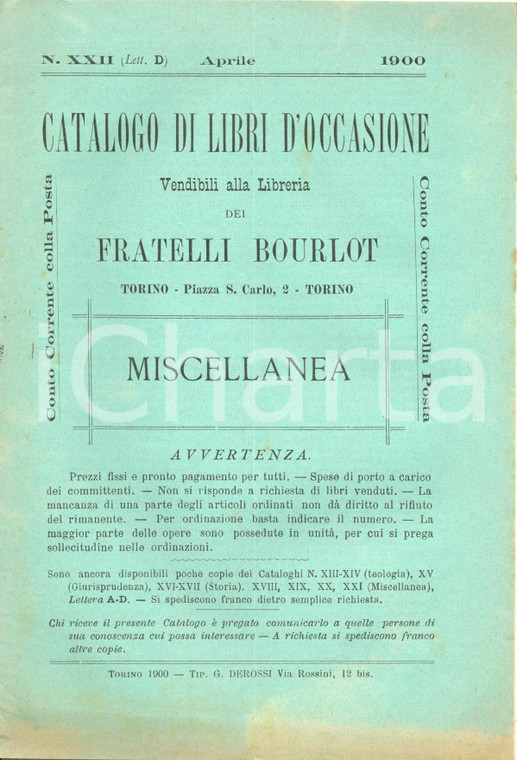 1900 Aprile TORINO Libreria FRATELLI BOURLOT n°XXII Libri occasione MISCELLANEA