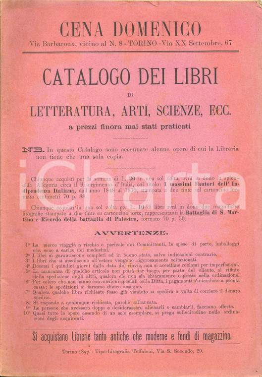 1897 TORINO Libreria Domenico CENA Catalogo libri LETTERATURA - ARTI - SCIENZE