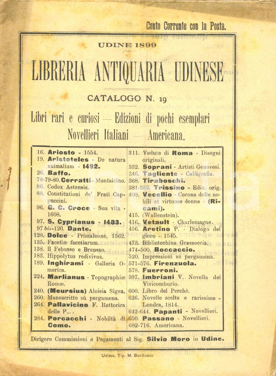 1899 UDINE Libreria ANTIQUARIA UDINESE Catalogo libri rari e curiosi n°19