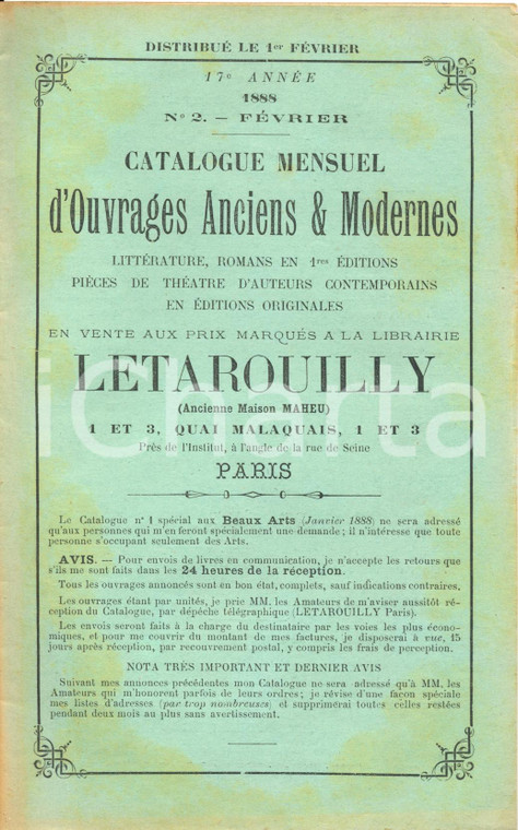 1888 PARIS Librairie LETAROUILLY Catalogue mensuel livres - pièces théatre N°2