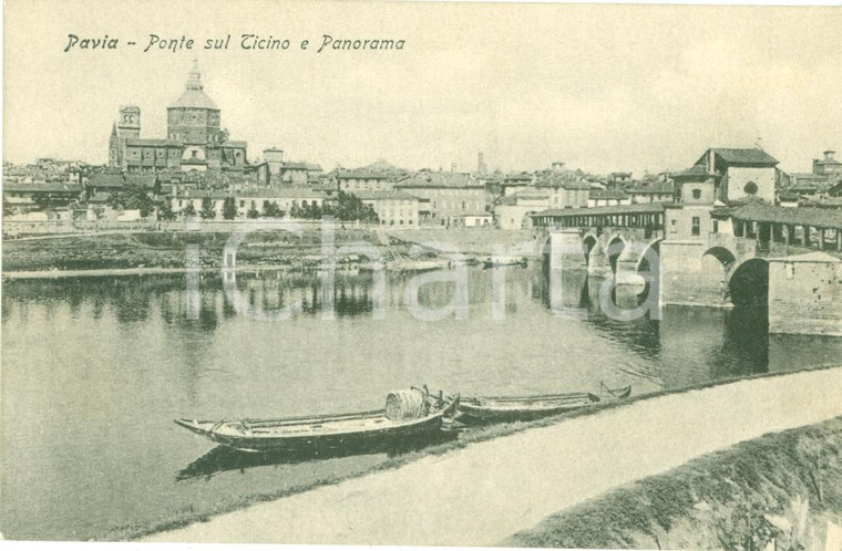 1920 ca PAVIA Vecchio ponte sul TICINO e veduta DUOMO *Cartolina FP NV