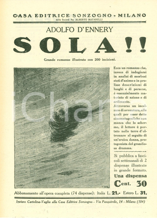 1927 SONZOGNO Adolphe D'ENNERY Sola!! *VOLANTINO ILLUSTRATO pubblicità J. VERNE