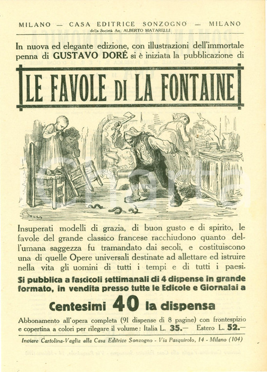 1925 ca SONZOGNO Jean DE LA FONTAINE Favole VOLANTINO ILLUSTRATO