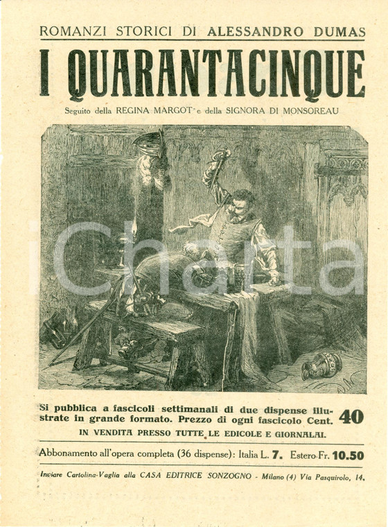 1925 ca SONZOGNO Romanzi DUMAS I Quarantacinque VOLANTINO ILLUSTRATO