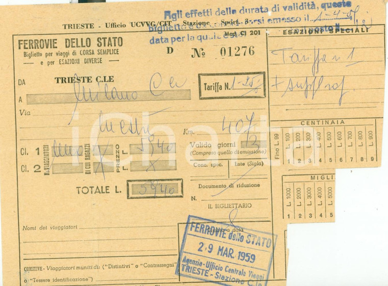 1959 FERROVIE DELLO STATO Biglietto ferroviario TRIESTE - MILANO vidimazione