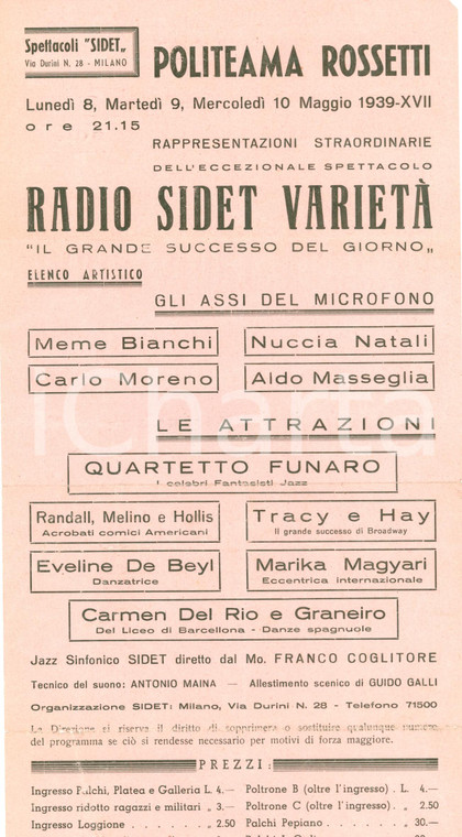 1939 TRIESTE Radio SIDET varietà assi del microfono a Politeama ROSSETTI