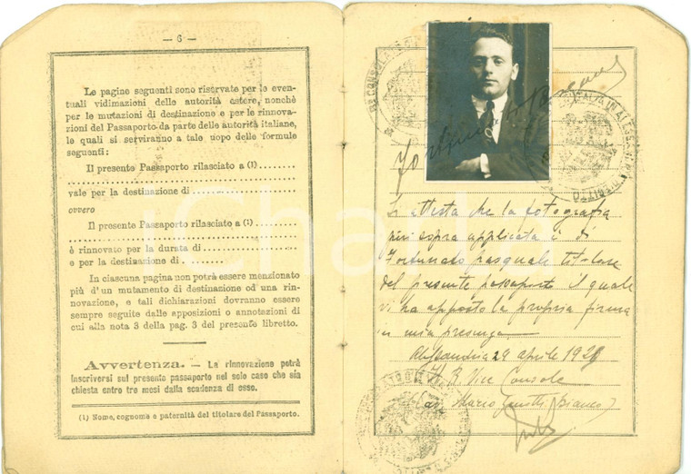 1926 ALESSANDRIA D'EGITTO Passaporto Pasquale FORTUNATO fototessera