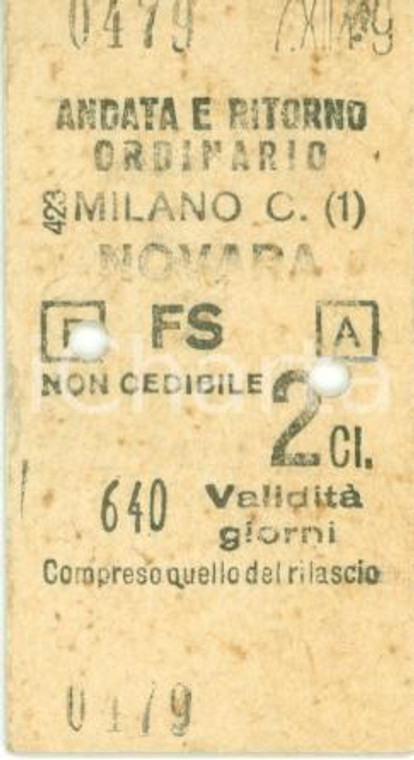 1949 FERROVIE DELLO STATO Biglietto ferroviario MILANO - NOVARA vidimazione