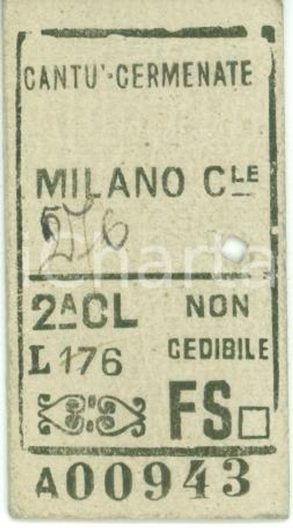 1950 FERROVIE DELLO STATO Biglietto ferroviario CANTU' CERMENATE - MILANO