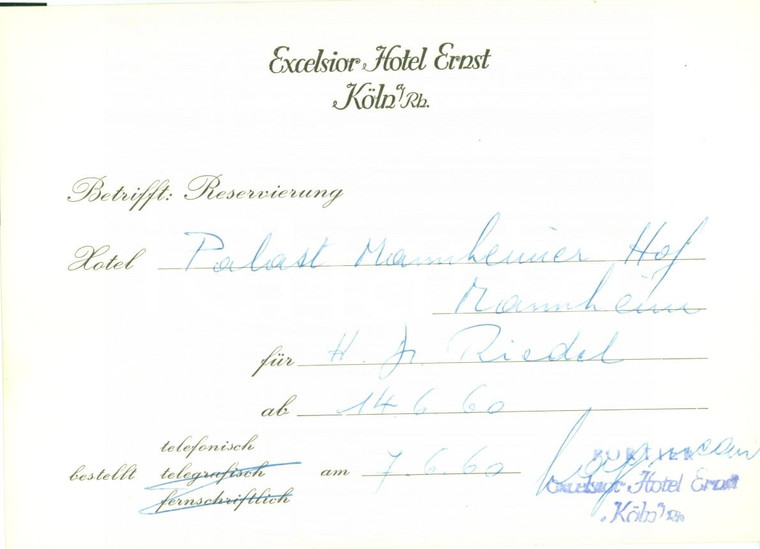 1960 KOLN (DE) Excelsior Hotel ERNST Prenotazione PALAST MANNHEIMER  HOF