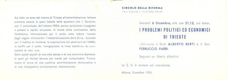 1955 TRIESTE Ferruccio PARRI Conferenza su sviluppo ZONA A *Biglietto d'invito