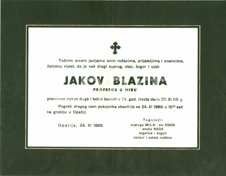 1969 OPATIJA / ABBAZIA (CROAZIA) In morte di Jakov BLAZINA profesor u miru