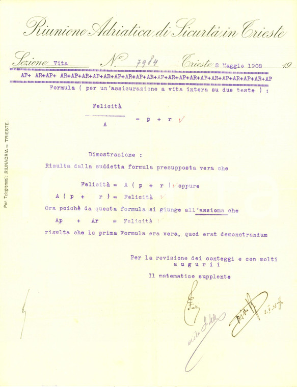 1908 TRIESTE Dimostrazione formula della felicità RAS Riunione Adriatica Sicurtà