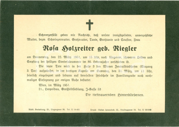 1951 WIEN (AU) Annuncio morte Rosa HOLZREITER nata RIEGLER *Biglietto