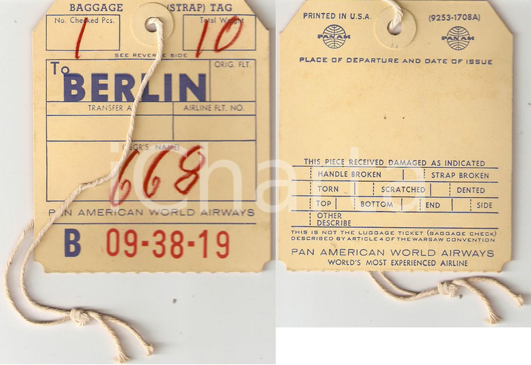 1955 ca PAN AMERICAN WORLD AIRWAYS Luggage ticket BERLIN
