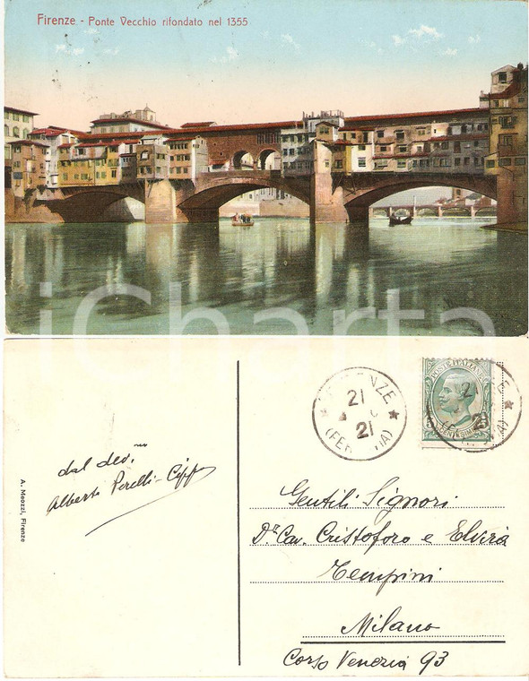 1921 FIRENZE Ponte Vecchio *Cartolina Alberto PERELLI CIPPO a Cristoforo TEMPINI