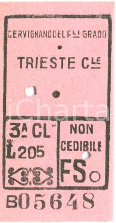 1951 FERROVIE DELLO STATO FFSS Biglietto CERVIGNANO DEL FRIULI - TRIESTE 3 CL