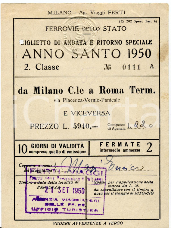1950 FERROVIE DELLO STATO Biglietto treno Anno Santo