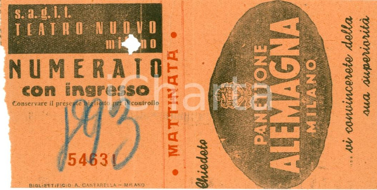1950 MILANO Biglietto Teatro Nuovo Panettone ALEMAGNA