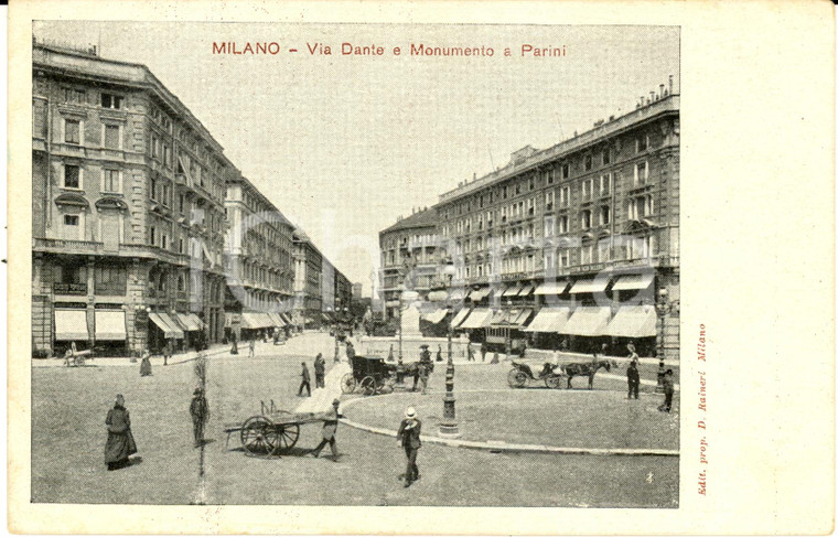1900 ca MILANO Piazza CORDUSIO e Monumento a PARINI Cartolina ANIMATA FP NV