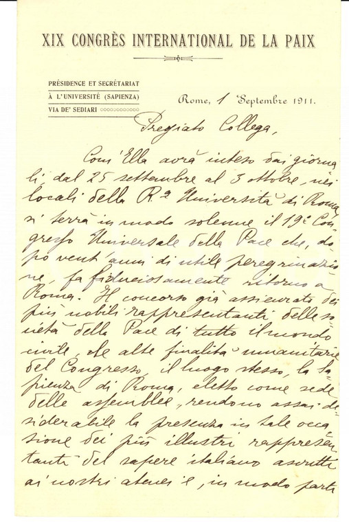 1911 ROMA Invito Angelo DE GUBERNATIS al XIX Congresso della Pace Autografo