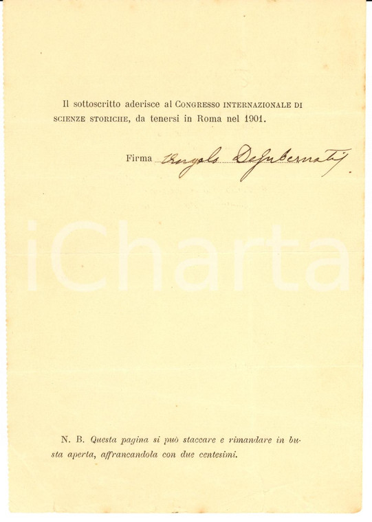 1900 ROMA Angelo DE GUBERNATIS al Congresso Autografo
