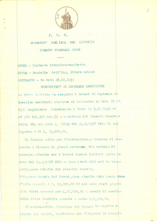 1941 NUORO Ditta SANDALIA termina impianti sanitari casa GIL *Documento