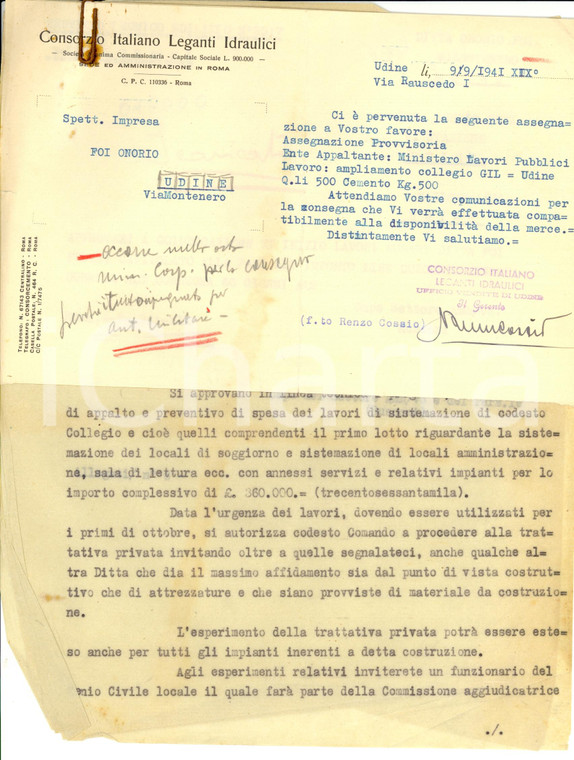 1941 UDINE Ditta Onorio FOI per ampliamento collegio GIL