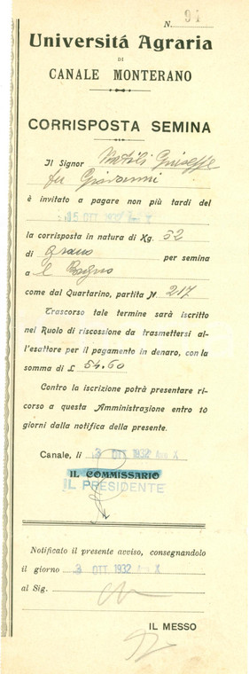 1932 CANALE MONTERANO Pagamento grano Giuseppe NATILI