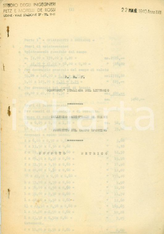 1940 UDINE Progetto campo sportivo PETZ MORELLI DE ROSSI Computo metrico