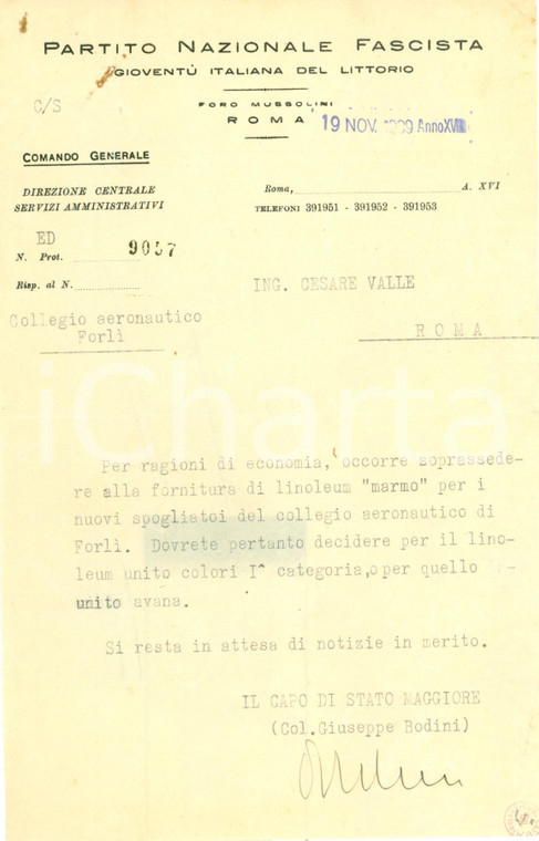 1939 FORLI' Linoleum per Collegio aeronautico Autografo Col. Giuseppe BODINI
